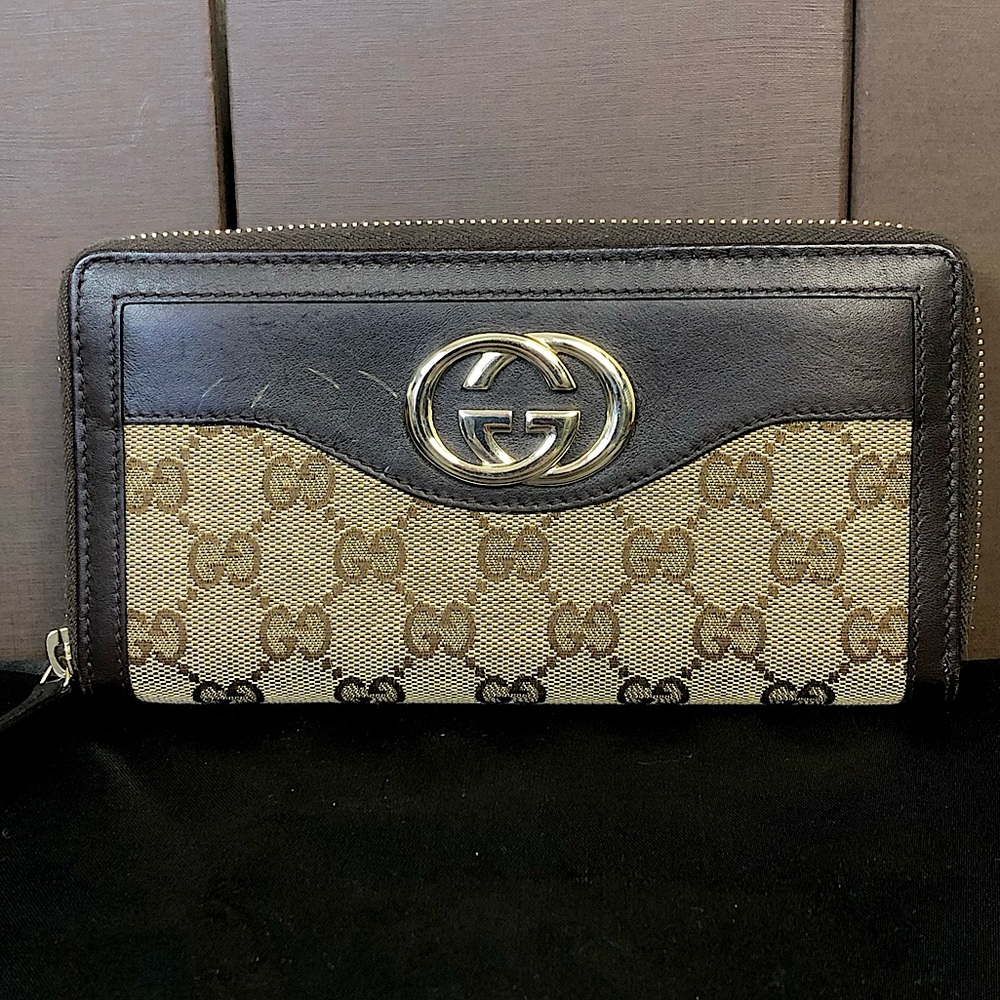 GUCCI GG Web Canvas Interlinked G’s Soho Brown Leather Trim Continental Wallet
